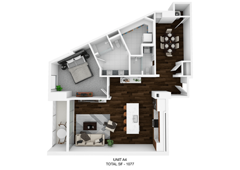 a stylized floor plan with a bedroom and a living room